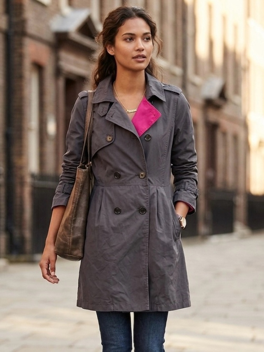 GAP Charcoal Grey Trench Coat Hot Pink Contrast Lining Size Small Fall Capsule